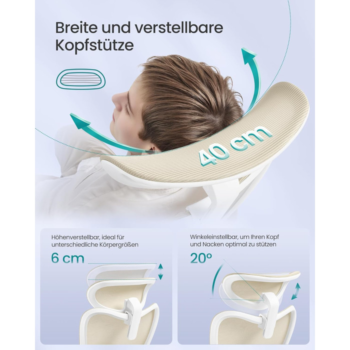 Офісний стіл SONGMICS, ергономічний комп'ютерний стілець з регульованою поперековою та підголовником, до 150 кг, регульована висота, OBN066GD01 (пісочний беж)