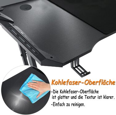 Ігровий стіл YRHome 120x60 см: стіл для комп'ютера з підстаканниками, кабелепроводами та карбоновою поверхнею. Ергономічний стіл для геймерів та офісу, чорний (без LED). Розмір 140x60 см з LED також доступний.