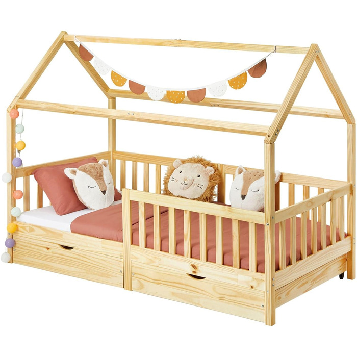 Ліжко для дому IDIMEX NUNA з масиву сосни, ліжко Монтессорі 90 х 200 см із захистом від падіння, ігрове ліжко з висувними ящиками, сучасне дитяче ліжечко з дахом (натуральне)