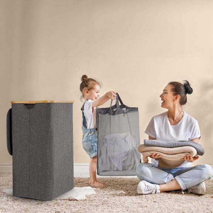 Кошик для білизни Rieeyrslza з кришкою 158л з бамбука та тканини Оксфорд, знімні мішки для білизни, складний сортер для білизни, багатофункціональний кошик для зберігання (сірий)
