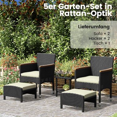 Набір садових меблів Yaheetech з ротангу для балкона та тераси: 2 крісла, 2 пуфи, столик - чорний та бежевий