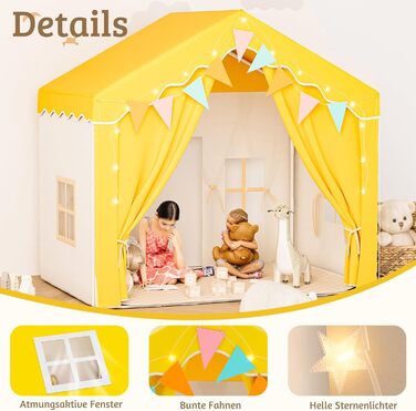 Дитяче намет-будиночок EROMMY 2-в-1 з килимком, прапорцями та світлодіодними смугами, з двома дверцятами, з даховим віконцем, для дому, від 3 років (Жовтий)
