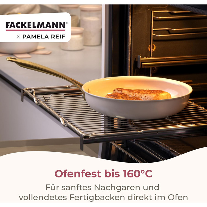 Набір сковорідок Fackelmann x Pamela Reif 3 шт. (20, 24, 28 см) – з переробленого алюмінію, бежевий, керамічне покриття без PFAS, стійке до 160°C, для всіх типів плит