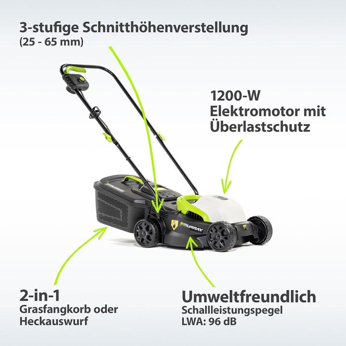 Електричний газонокосарка Murray LE320E 2-в-1: 1200W, ширина 32 см, об'єм травоспікача 27 л, для малих газонів, з ергономічною ручкою та захистом від перевантаження