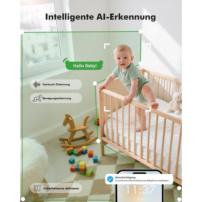 Відеоняня з камерою 1080P HD PTZ 360° та Wi-Fi: монітор для немовлят з додатком, нічним баченням, 4x Zoom, детекцією руху/звуку, двостороннім аудіо, автотрекінгом та сповіщеннями | 8SM
