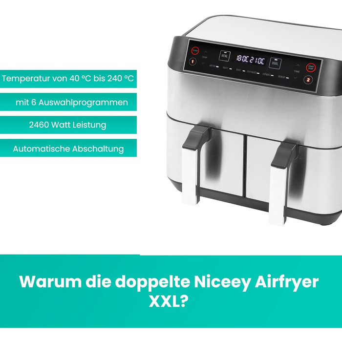 Двозонна фритюрниця Niceey - 8 л - Подвійна фритюрниця XXL на 8 порцій - Двокамерна фритюрниця ємністю 2x4 л - 2460 Вт - Подвійна функція - (сріблястий)