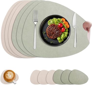 Набори підтарілок YIHELU: 6 шт., овал, зелено-кремовий, з екошкіри, миючіся, неслизькі, для кухні та їдальні