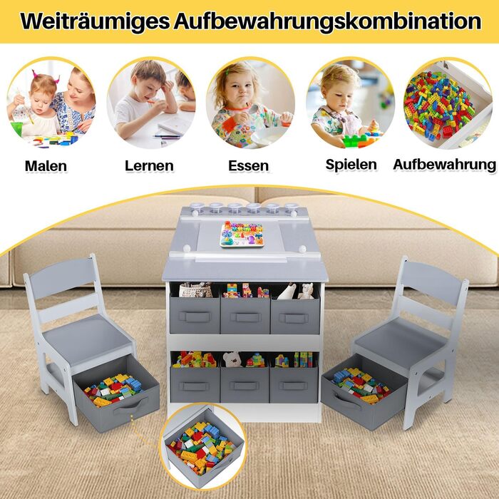 Дитячий стіл Kinder-Kunsttisch-Set з 2 стільцями: дерев'яний активний стіл для малюків з регульованою стільницею, відрами для фарб та 8 тканинними ящиками для зберігання (сірий/білий)