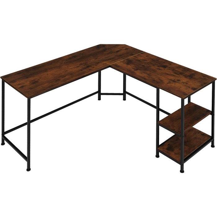 Кутовий стіл tectake з 2 полицями, L-подібний комп'ютерний стіл, промисловий дизайн, дерев'яний офісний стіл, чорний металевий каркас (промисловий темно-коричневий)