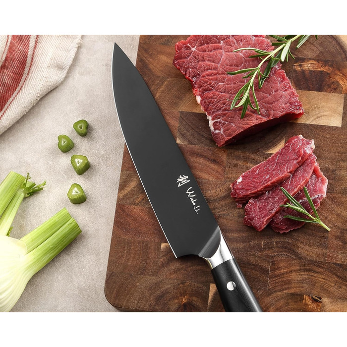 Набір кухонних ножів Wakoli Titanium Noir (5 предметів) з бруском - професійний набір кухонних ножів з титановим покриттям, нержавіюча сталь, чорне покриття, магнітний брусок, шеф-ніж