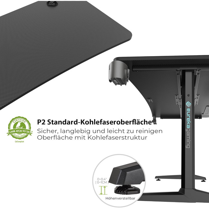 Ігровий стіл EUREKA ERGONOMIC 152x70 см - великий комп'ютерний стіл для геймерів з підставкою для навушників та тримачем для напоїв, чорний