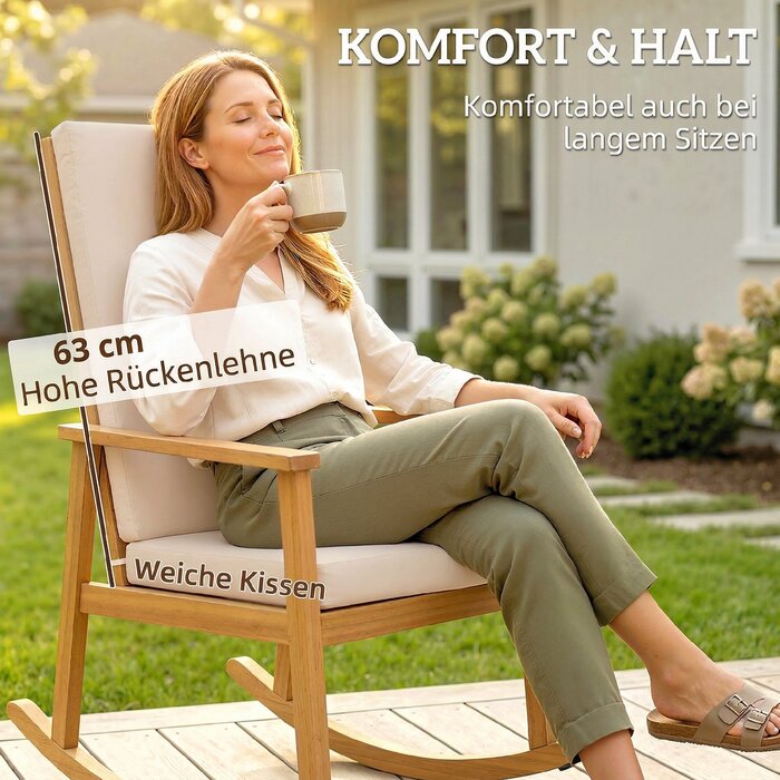 Гойдалка з акації з високою спинкою та подушкою, витримує до 160 кг, 60 x 89 x 107 см, бежева