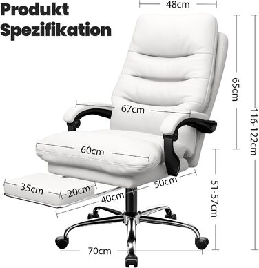 Ергономічне крісло для офісу Naspaluro з підніжкою, комп'ютерне крісло з двошаровою подушкою, високою спинкою, функцією відкидання, регулюванням висоти, з PU-шкіри, до 150 кг (Білий, Штучна шкіра)