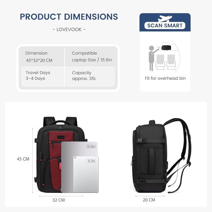 LOVEVOOK Рюкзак для ручної поклажі в літак, дорожній рюкзак чоловічий/жіночий великий, рюкзак-валіза з відділенням для ноутбука, рюкзак для подорожей, ручної поклажі, 40л, для чоловіків/жінок, для роботи/бізнесу, (Чорно-червоний, L (45 x 32 x 20 см))