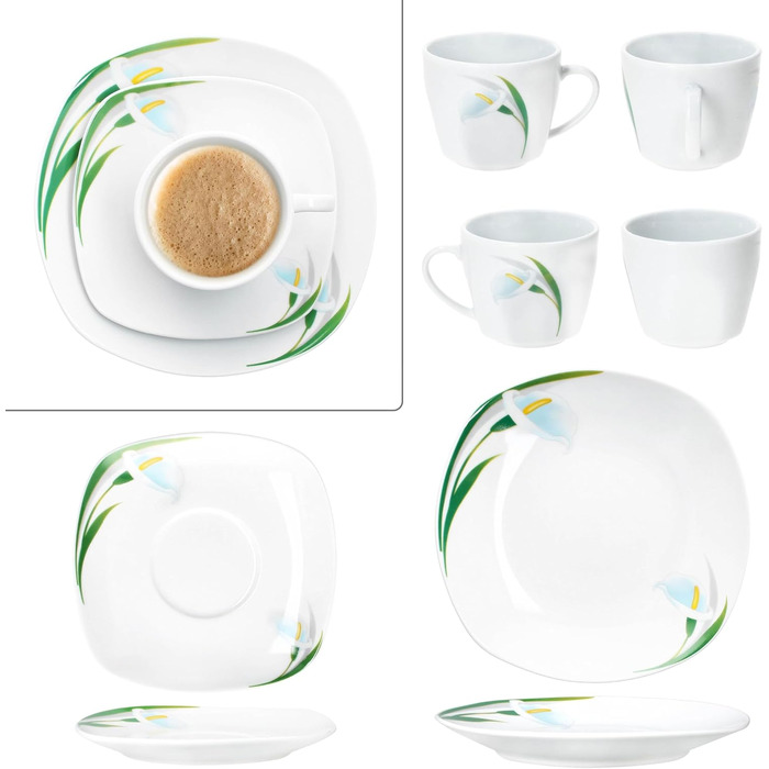 MamboCat Набір кавового сервізу 18 предметів White Calla, 150 мл, для 6 осіб, з квітковим декором