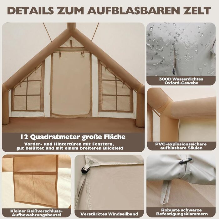 Надувний кемпінговий намет з димоходом та вікном, для 2-10 осіб з насосом, Oxford тканина, швидкозбірний, багатосезонний