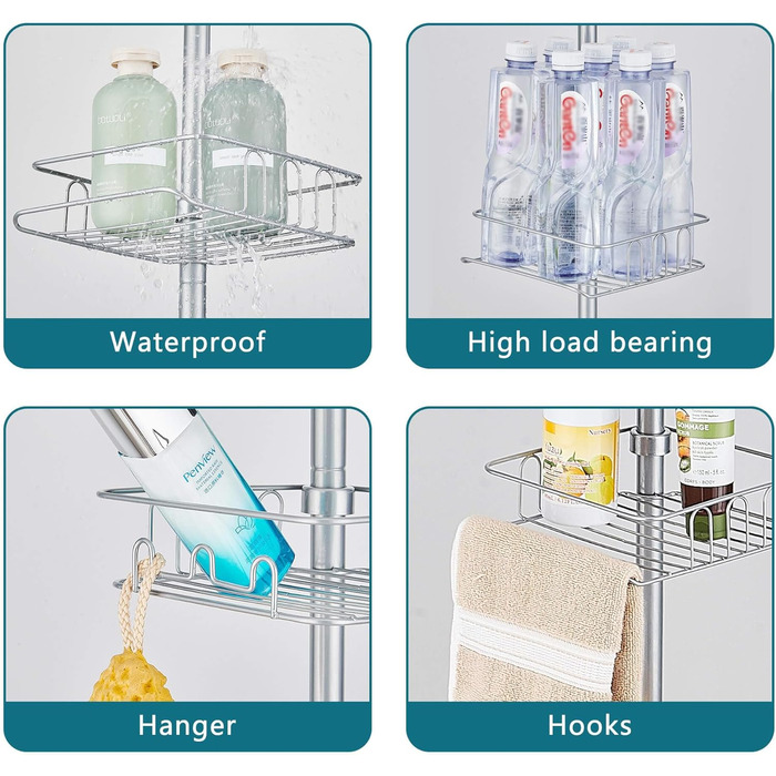 Телескопічна душова полиця HOUHA, металева кутова з 4 кошиками, регулювання висоти 73-302см, срібло