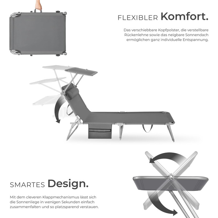 Лежак для відпочинку Tectake®: складаний, портативний, з кишенею, для балкона, тераси, кемпінгу (сірий)