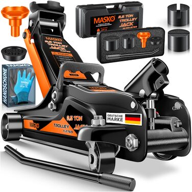 Гідравлічний домкрат MASKO 3T з низьким профілем 85-460мм, 3 гумові накладки, для автомобілів SUV, 360° колеса, рукавички в комплекті, підставка для ремонту (до 2.5 тонн, помаранчевий)