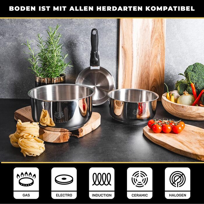 Набір каструль з знімними ручками (3 шт.) - нержавіюча сталь з покриттям - для всіх типів плит