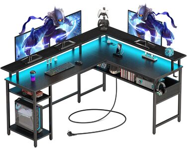 Ігровий стіл Rolanstar L-подібної форми з LED-підсвіткою та розеткою, 137 x 108 см, комп'ютерний стіл з підставкою для монітора та місцем для зберігання, реверсивний кутовий стіл для офісу/домашнього офісу (чорний)