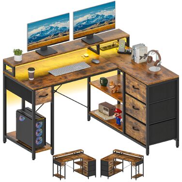 Стол YITAHOME L-подібний з USB-портом та розеткою, 140x100 см, 4 шухляди, полиця, для офісу, коричневий