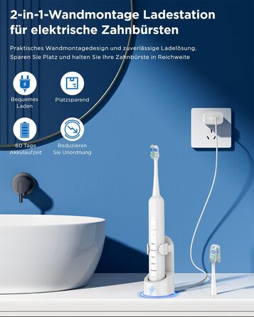 Електрична звукова зубна щітка для дорослих та дітей, 5 режимів чищення, 3 рівні інтенсивності, таймер, 8 насадок, кейс для подорожей, біла (1 шт.)