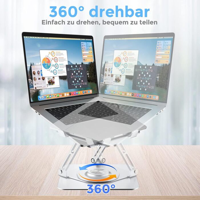 Підставка для ноутбука з регулюванням висоти та поворотним основанням, алюмінієва, для столу (срібна)