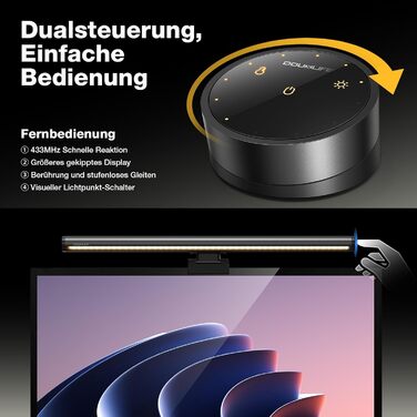 LED-лампа для монітора Douxlife Screenbar з сенсорним керуванням та пультом, USB-зарядка, регулювання яскравості та кольорової температури, захист очей для ПК (сіра)