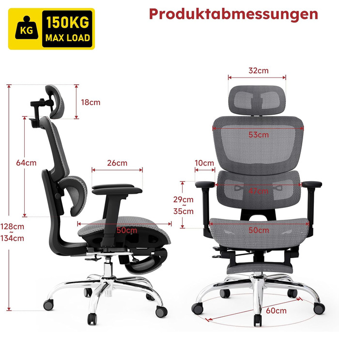 Ергономічне крісло для офісу Voll-Mesh з підголівником, підставкою для ніг, регульованою спинкою, підлокітниками, саморегульованою поперековою підтримкою, PU-колесами, поворот на 360°, 150 кг, темно-сірий