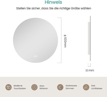 Дзеркало для ванної кімнати EMKE круглої форми з підсвічуванням 80 см – кругле дзеркало з 3 кольорами світла, регулюванням яскравості, сенсорним управлінням, функцією пам'яті, енергозберігаюче – для ванної кімнати та на стіну (60L x 60B cm)