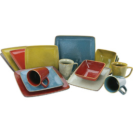 Глазурі серії RETRO STYLE, набір посуду, комбінований набір із 16 предметів, керамограніт, червоний/бірюзовий/сіро-коричневий, 22316