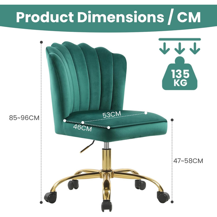 Крісло для офісу Fiximaster Homeoffice, крісло для робочого столу, обертове, регульоване по висоті, з м'якою оббивкою з велюру, золоті ніжки, для робочого кабінету, спальні, до 135 кг, зелене