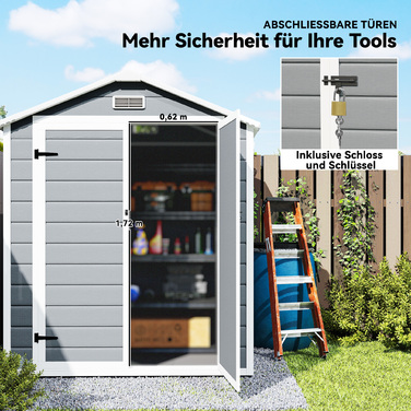 Металевий садовий сарай, з замком, двостулковими дверима, вікном, алюмінієвими рамами, розміром 1,80 x 1,30 x 2,10 м, сірого кольору