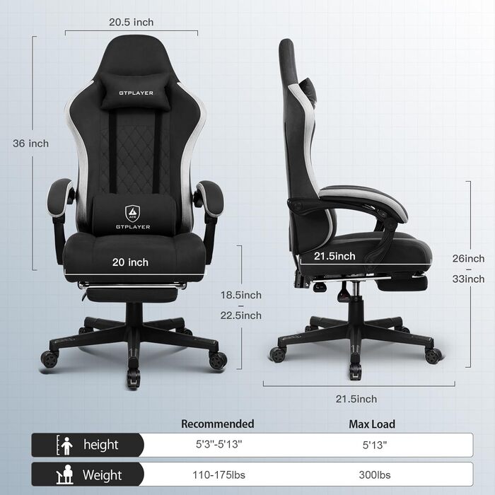 Ігрове крісло GTPLAYER, ергономічне ігрове крісло Стілець Крісло для геймерів ПК з підставкою для ніг Динамік Музичне офісне крісло до 150 кг Завантажуваний Чорний-