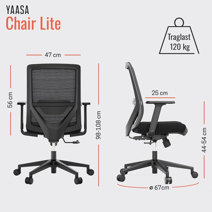 Крісло Yaasa Chair Lite: ергономічне офісне крісло з підтримкою попереку та регульованим опором спинки. Підходить для дому та офісу, витримує до 120 кг. Чорний колір.