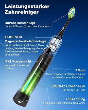 Електрична звукова зубна щітка, 45000 VPM, відбілювання за 1 тиждень, 120 днів роботи від акумулятора, індикатор заряду, 6 насадок DuPont, 5 режимів, таймер, чорна