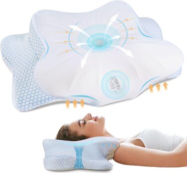 Подушка для шиї, подушка з піною з пам'яті, ергономічна подушка для шиї, подушка для тих, хто спить на боці, на спині та животі, сіро-білий колір (блакитний), 70 x 42 x 14 см