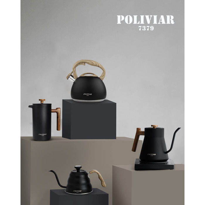 Сучасний індукційний чайник Poliviar, Чайник зі свистком з нержавіючої сталі, Чайник для всіх конфорок, Чайник з дерев'яною ручкою, чайник для чаю та кави, Макс. 3 л, зелений колір рівнин (JX2020-SB30-RU) (чорний)