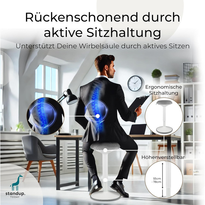 Високий пуф Standup.Today Ella (білий/зелений) – регульована висота 55-80 см – ергономний пуф для офісу та дому – пуф-гойдалка для робочого столу (білий/світло-сірий)