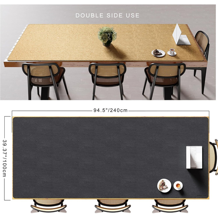 Килимок на стіл MAIDERN XXL 240x100 см двосторонній (шкіра та корк) — водонепроникний килимок для миші, офісу та геймінгу, чорний