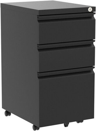 Роликовий контейнер DeHong з металу, мобільний офісний шафка з 3 висувними ящиками, офісний контейнер, з можливістю замка та регульованими паперовими відсіками, збірно-розбірний, для офісу, дому (J-чорний)