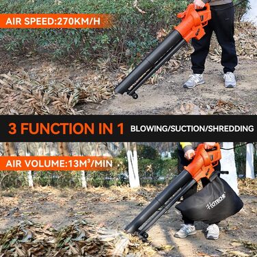 Hoteche 3000W потужний листягрій з функцією подрібнення та всмоктування | Швидкість вітру 270 км/год | Об'єм всмоктування 13 м³/хв | У комплекті мішок для збору листя 45л