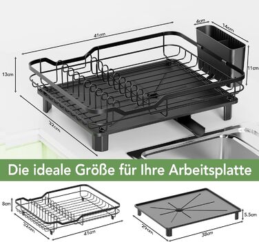 Сушарка для посуду ROTTOGOON розширювана, нержавіюча сталь, з висувним носиком та відділенням для столових приладів, чорна (1-рівнева)