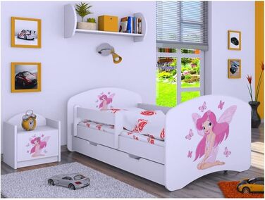 Дитяче ліжко з матрацом і ящиком для зберігання - НОВИНКА, 140/160/180/190 Різні мотиви для хлопчика Білий (Принцеса з метеликом, 160x80) 160x80 Принцеса з метеликом