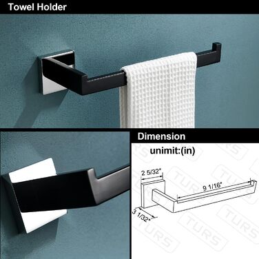 Набір приладдя для ванної кімнати Turs з 5 предметів, вішалка для рушників, гачок, тримач для туалетного паперу, кільце для рушників, для настінного монтажу (Чорний, Чорний)