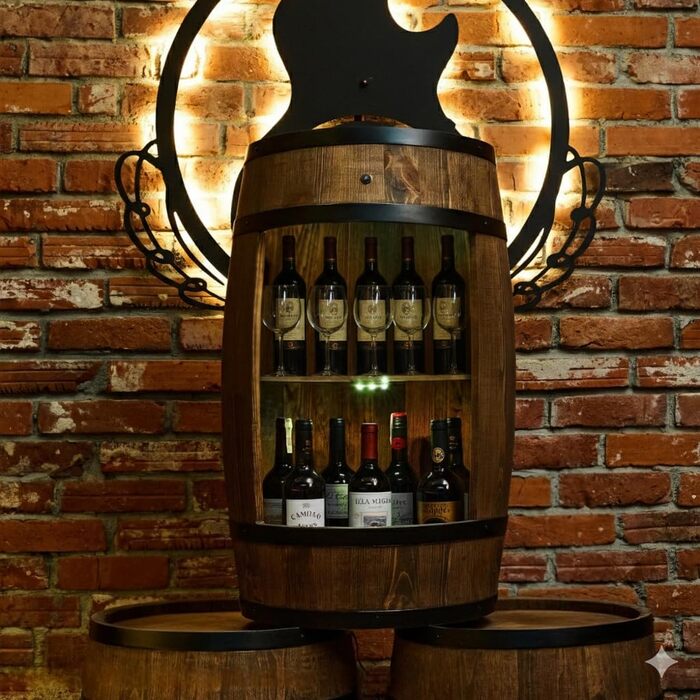 Дерев'яний бар з полицями для вина CREATIVE COOPER Fass - LED підсвітка, 80x50 см, стилістика рустік