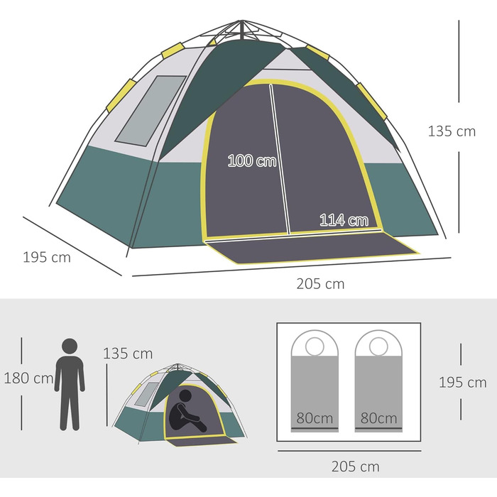 Намет Outsunny на 3 особи, кемпінговий намет з кілочками, купольний намет, поліестер, зелений, 205 x 195 x 135 см