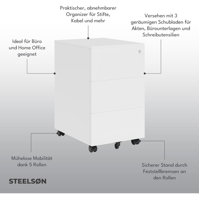 Контейнер на колесах STEELSØN з шухлядами Vespero, мобільний офісний шафчик, з можливістю замикання, 3 шухляди, білий, 65x39x50 см