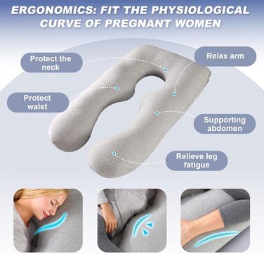 Подушка для вагітних Avmvnvc U-подібної форми, XXL, для сну на боці, знімний чохол з джерсі (сірий)